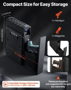 Pistolboks - Biometrisk Våbenskab - Hurtig 3-vejs Adgang - Fingeraftryk/Kode/Nøgle - Monterbar I Bil/Natbord - Til 1 Pistol + Magasin