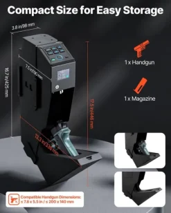 Pistolskab - Biometrisk pistolboks - Hurtig 3-vejs adgang Fingeraftryk/Kode/Nøgle - LED-lys - Til 1 pistol + magasin - Monterbar til natbord/bil