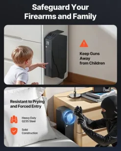 Pistolskab - Biometrisk pistolboks - Hurtig 3-vejs adgang Fingeraftryk/Kode/Nøgle - LED-lys - Til 1 pistol + magasin - Monterbar til natbord/bil