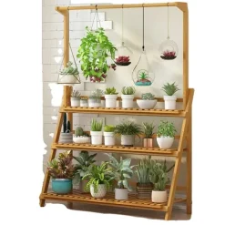 Plantebord, 3 niveauer, justerbar højde, naturlig bambus,XL, Naturligt Træ