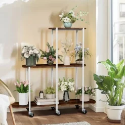 Plantebord, 3 niveauer, robust metal konstruktion,Valnødde træ