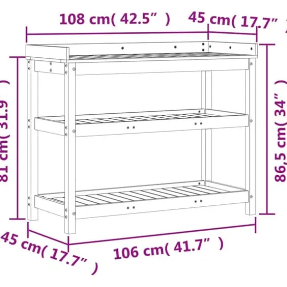 Plantebord i imprægneret fyrretræ med hylder | Størrelse: 108x45x86,5 cm