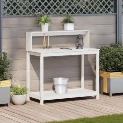 Plantebord med hylder i massivt fyrretræ - Opbevaringsløsning | Størrelse: 108x50x109,5 cm | Farve: Hvid