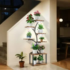 Planteholder & Blomsterhylde - Hjørnemodel i træ - Træformet - 7 Hylder - 151 cm - Med LED-lys - Indendørs - Grå