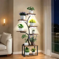 Planteholder & Blomsterhylde - Hjørnemodel i træ - Træformet - 7 Hylder - 151 cm - Med LED-lys - Indendørs - Grå