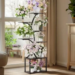 Planteholder & Blomsterhylde - Hjørnemodel i træ - Træformet - 7 Hylder - 151 cm - Med LED-lys - Indendørs - Grå