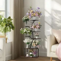 Planteholder & Blomsterhylde - Hjørnemodel i træ - Træformet - 7 Hylder - 151 cm - Med LED-lys - Indendørs - Grå