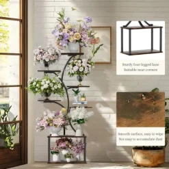 Planteholder & Blomsterhylde - Hjørnemodel i træ - Træformet - 7 Hylder - 151 cm - Med LED-lys - Indendørs - Grå