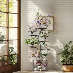 Planteholder & Blomsterhylde - Hjørnemodel i træ - Træformet - 7 Hylder - 151 cm - Med LED-lys - Indendørs - Grå