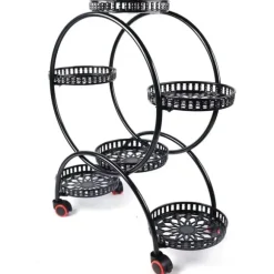 Planteholder - Blomsterkrukkestativ 4 etager - Metal - Med hjul - Kraftig - Rundt design - Sort