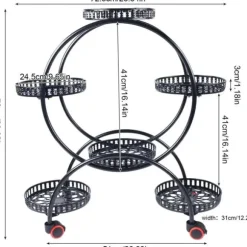 Planteholder - Blomsterkrukkestativ 4 etager - Metal - Med hjul - Kraftig - Rundt design - Sort
