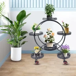Planteholder - Blomsterkrukkestativ 4 etager - Metal - Med hjul - Kraftig - Rundt design - Sort
