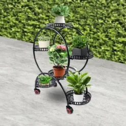 Planteholder - Blomsterkrukkestativ 4 etager - Metal - Med hjul - Kraftig - Rundt design - Sort