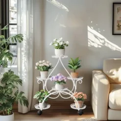 Planteholder - Blomsterstander - 6 Niveauer - Metal - Med Hjul - Til Indendørs/Udendørs, Stue/Balkon - Hvid