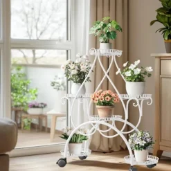 Planteholder - Blomsterstander - 6 Niveauer - Metal - Med Hjul - Til Indendørs/Udendørs, Stue/Balkon - Hvid
