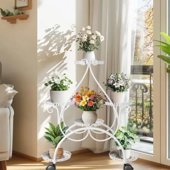 Planteholder - Blomsterstander - 6 Niveauer - Metal - Med Hjul - Til Indendørs/Udendørs, Stue/Balkon - Hvid