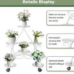 Planteholder - Blomsterstander - 6 Niveauer - Metal - Med Hjul - Til Indendørs/Udendørs, Stue/Balkon - Hvid