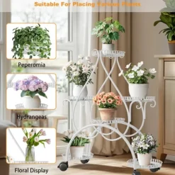 Planteholder - Blomsterstander - 6 Niveauer - Metal - Med Hjul - Til Indendørs/Udendørs, Stue/Balkon - Hvid