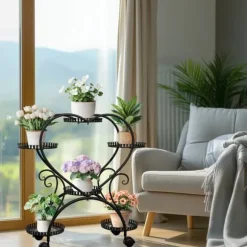 Planteholder - Blomsterstander - Med hjul - 6 niveauer til krukker - Metal - Indendørs & udendørs - Hjerteformet design - Samles - Sort