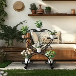 Planteholder - Blomsterstander - Med hjul - 6 niveauer til krukker - Metal - Indendørs & udendørs - Hjerteformet design - Samles - Sort