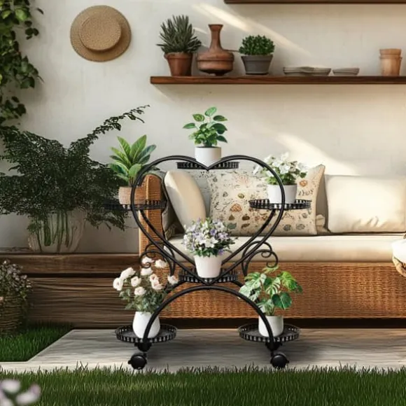 Planteholder - Blomsterstander - Med hjul - 6 niveauer til krukker - Metal - Indendørs & udendørs - Hjerteformet design - Samles - Sort