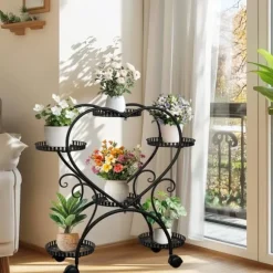 Planteholder - Blomsterstander - Med hjul - 6 niveauer til krukker - Metal - Indendørs & udendørs - Hjerteformet design - Samles - Sort