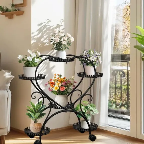 Planteholder - Blomsterstander - Med hjul - 6 niveauer til krukker - Metal - Indendørs & udendørs - Hjerteformet design - Samles - Sort