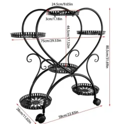 Planteholder - Blomsterstander - Med hjul - 6 niveauer til krukker - Metal - Indendørs & udendørs - Hjerteformet design - Samles - Sort