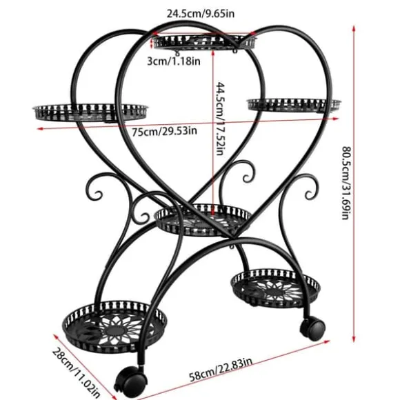 Planteholder - Blomsterstander - Med hjul - 6 niveauer til krukker - Metal - Indendørs & udendørs - Hjerteformet design - Samles - Sort