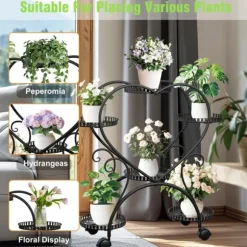 Planteholder - Blomsterstander - Med hjul - 6 niveauer til krukker - Metal - Indendørs & udendørs - Hjerteformet design - Samles - Sort