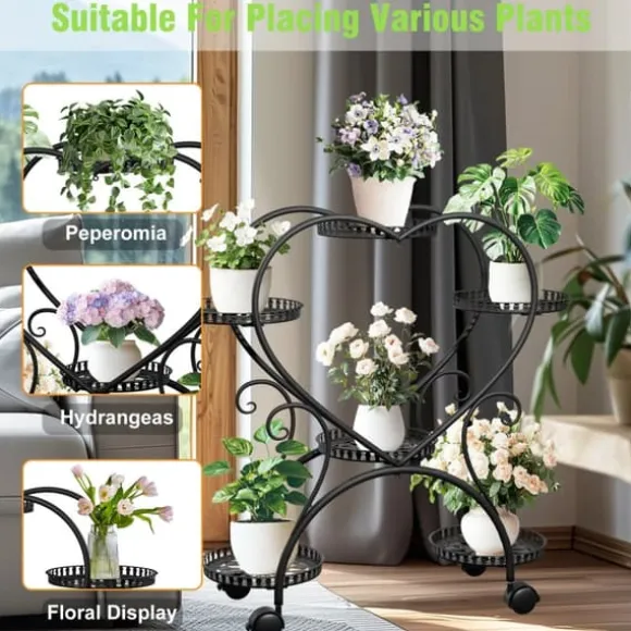 Planteholder - Blomsterstander - Med hjul - 6 niveauer til krukker - Metal - Indendørs & udendørs - Hjerteformet design - Samles - Sort