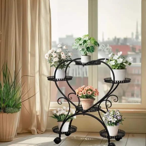 Planteholder - Blomsterstander - Med hjul - 6 niveauer til krukker - Metal - Indendørs & udendørs - Hjerteformet design - Samles - Sort