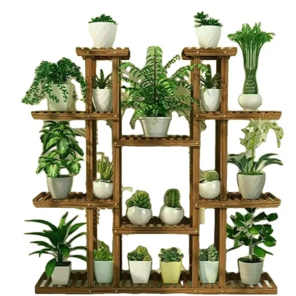 Planteholder, 9 niveauer, holdbart træ- og metaldesign,BRUN