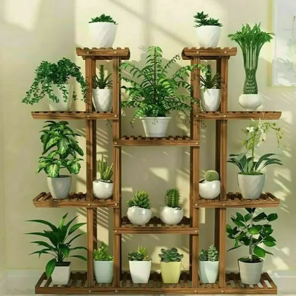 Planteholder, 9 niveauer, holdbart træ- og metaldesign,BRUN