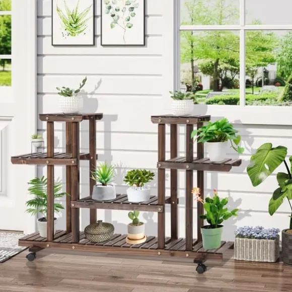 Planteholder 4 niveauer massivt forkullet træ 123,5x33x80 cm have/altan