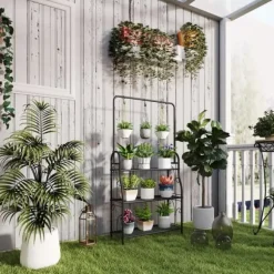 Planteholder 3 niveauer med bøjlestang og kroge 137 cm metal sort