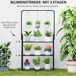 Planteholder 3 niveauer med bøjlestang og kroge 137 cm metal sort