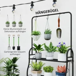 Planteholder 3 niveauer med bøjlestang og kroge 137 cm metal sort