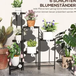 Planteholder 6 niveauer med bakker sammenklappelig 80 cm metal sort