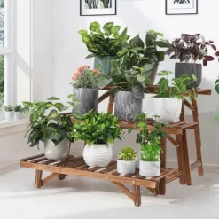 Planteholder - Stigehylde - 3 Niveauer - Træ - Indendørs/Udendørs - Montering Påkrævet - Brun