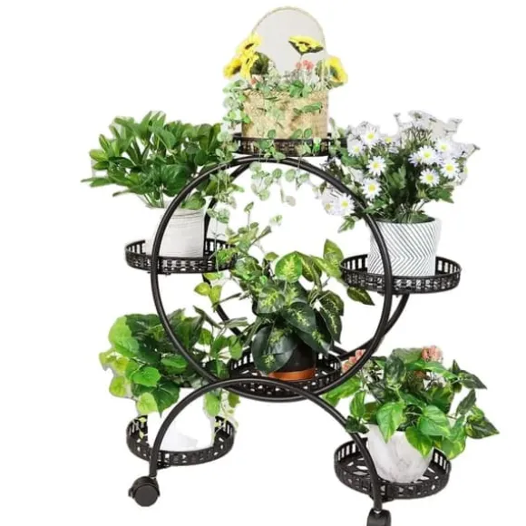 Planteholder, 6 Töpper, Metal Konstruktion, Nem Mobilitet,sort, L