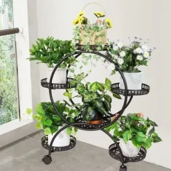 Planteholder, 6 Töpper, Metal Konstruktion, Nem Mobilitet,sort, L