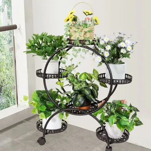 Planteholder, 6 Töpper, Metal Konstruktion, Nem Mobilitet,sort, L