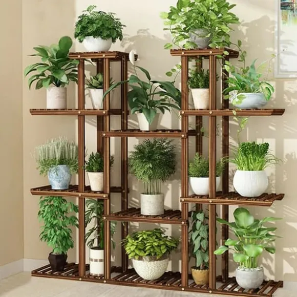 Planteholder i træ - Blomsterhylde - 11 niveauer - Karboniseret træ - Ekstra bred - Til potter - Inde/ude - Selvmontering - Brun