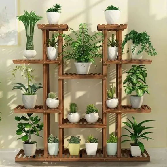 Planteholder i træ - Blomsterhylde - 11 niveauer - Karboniseret træ - Ekstra bred - Til potter - Inde/ude - Selvmontering - Brun