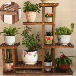 Planteholder i træ - Hjørnehylde - 5 niveauer - Indendørs/udendørs - Til blomsterkrukker - Beige