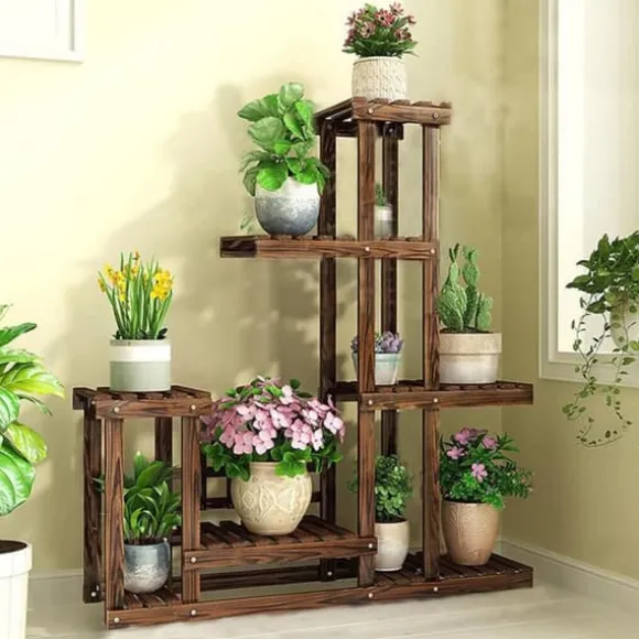 Planteholder i træ - Hjørnehylde - 5 niveauer - Indendørs/udendørs - Til blomsterkrukker - Beige