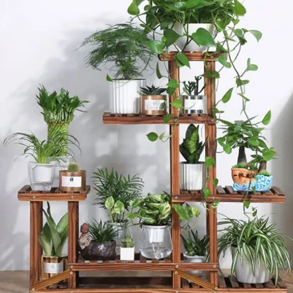 Planteholder i træ - Hjørnehylde - 5 niveauer - Indendørs/udendørs - Til blomsterkrukker - Beige