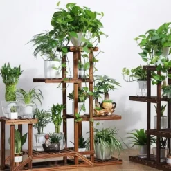 Planteholder i træ - Hjørnehylde - 5 niveauer - Indendørs/udendørs - Til blomsterkrukker - Beige
