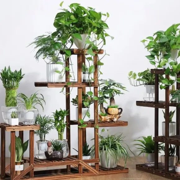 Planteholder i træ - Hjørnehylde - 5 niveauer - Indendørs/udendørs - Til blomsterkrukker - Beige